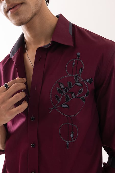 PAARSH Red Cotton Embroidery Wine Designer Shirt at Aza Fashions PAARSH_Red Cotton Embroidery Wine Designer Shirt _at_Aza_Fashions