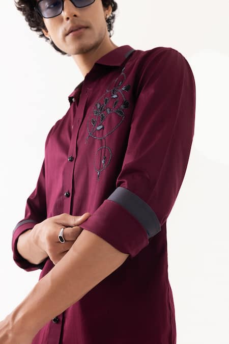 Buy PAARSH Red Cotton Embroidery Wine Designer Shirt Buy_PAARSH_Red Cotton Embroidery Wine Designer Shirt