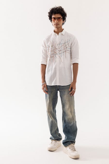 PAARSH_Ivory Linen Embroidery Chain Stitch Shirt _Online_at_Aza_Fashions