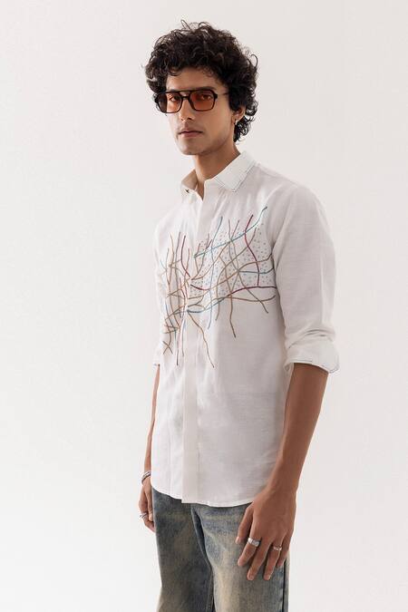 Buy_PAARSH_Ivory Linen Embroidery Chain Stitch Shirt _Online_at_Aza_Fashions