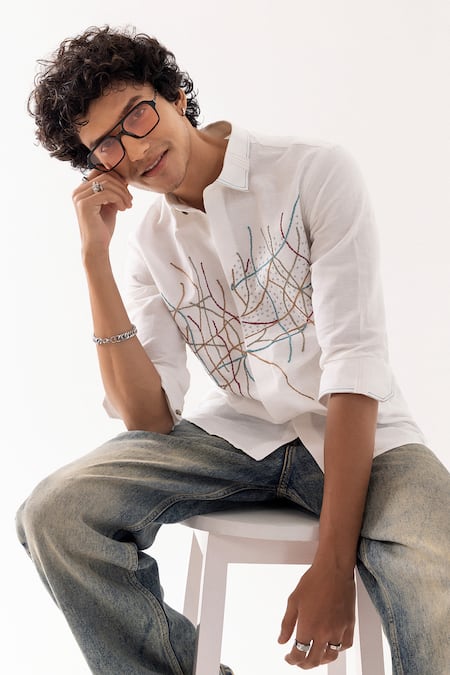 PAARSH_Ivory Linen Embroidery Chain Stitch Shirt _at_Aza_Fashions
