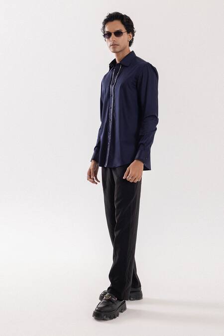PAARSH_Navy Cotton Giza Designer Shirt _Online_at_Aza_Fashions