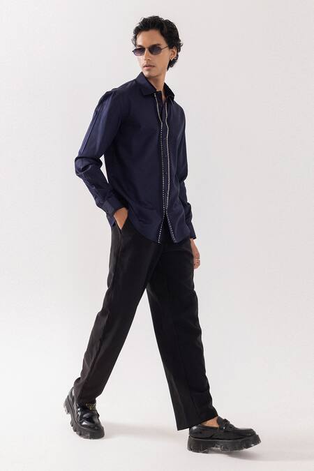 Shop_PAARSH_Navy Cotton Giza Designer Shirt _Online_at_Aza_Fashions