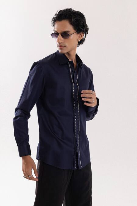 PAARSH_Navy Cotton Giza Designer Shirt _at_Aza_Fashions