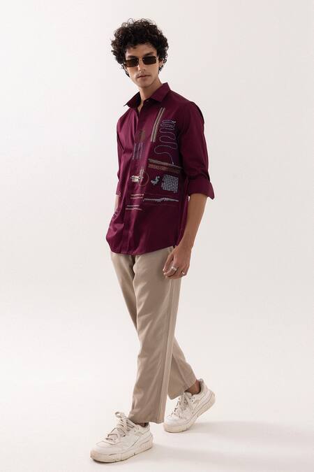 PAARSH_Red Cotton Embroidery Designer Wine Shirt _Online_at_Aza_Fashions