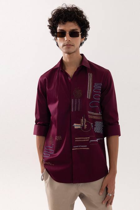 Buy_PAARSH_Red Cotton Embroidery Designer Wine Shirt _Online_at_Aza_Fashions