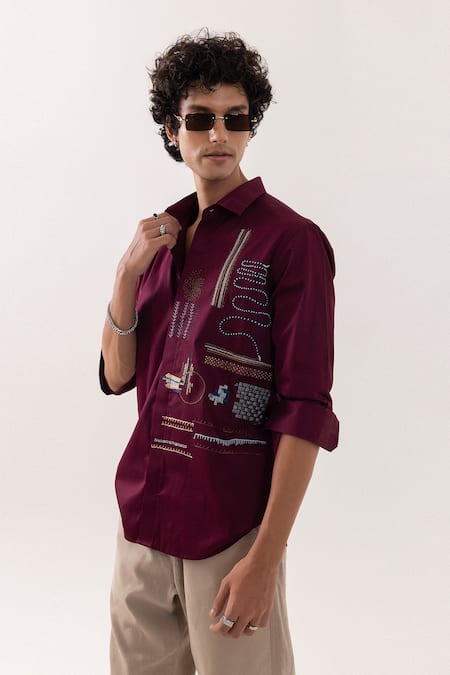 Shop_PAARSH_Red Cotton Embroidery Designer Wine Shirt _Online_at_Aza_Fashions