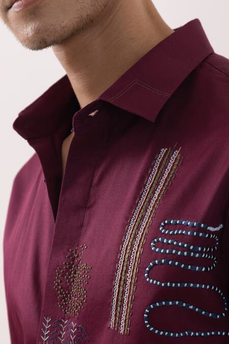 PAARSH_Red Cotton Embroidery Designer Wine Shirt _at_Aza_Fashions