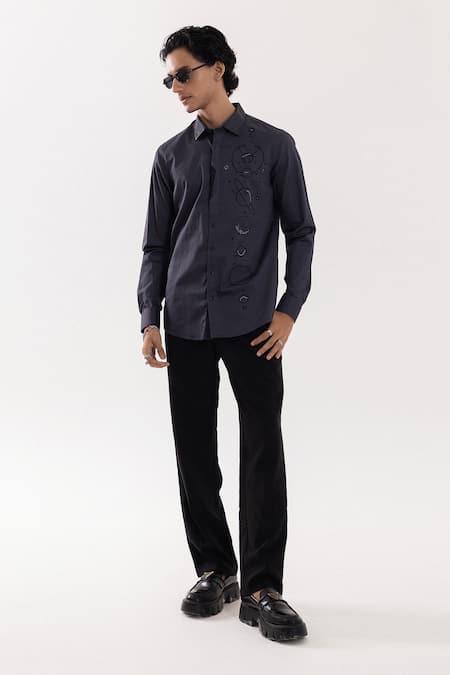 PAARSH_Charcoal Cotton Embroidery Grey Designer Shirt _Online_at_Aza_Fashions