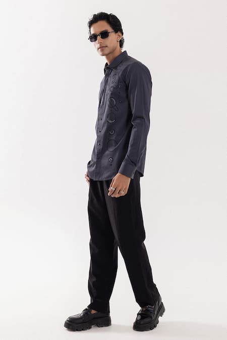Buy_PAARSH_Charcoal Cotton Embroidery Grey Designer Shirt _Online_at_Aza_Fashions