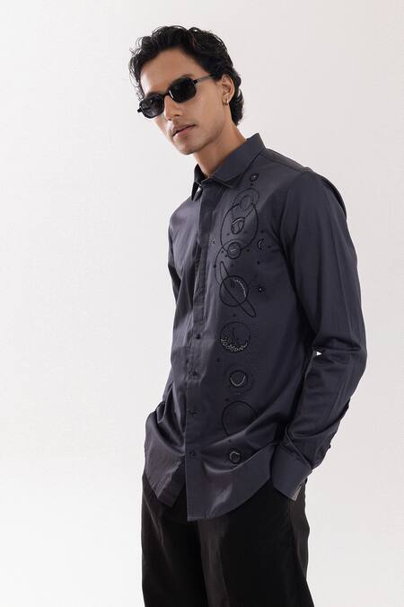 Shop_PAARSH_Charcoal Cotton Embroidery Grey Designer Shirt _Online_at_Aza_Fashions