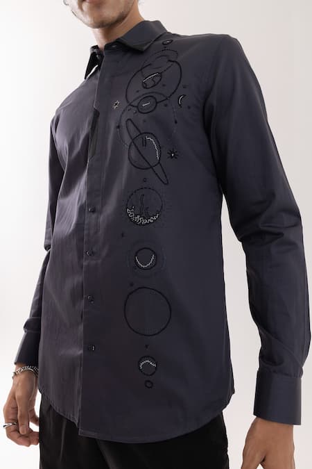 PAARSH_Charcoal Cotton Embroidery Grey Designer Shirt _at_Aza_Fashions