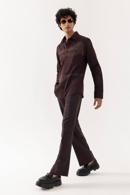PAARSH_Brown Cotton Embroidery Ladder Design Shirt _Online_at_Aza_Fashions