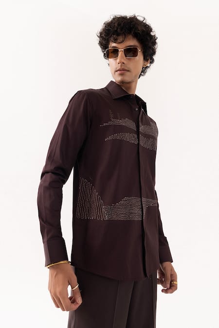 Buy_PAARSH_Brown Cotton Embroidery Ladder Design Shirt _Online_at_Aza_Fashions