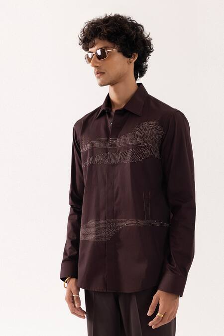 Shop_PAARSH_Brown Cotton Embroidery Ladder Design Shirt _Online_at_Aza_Fashions