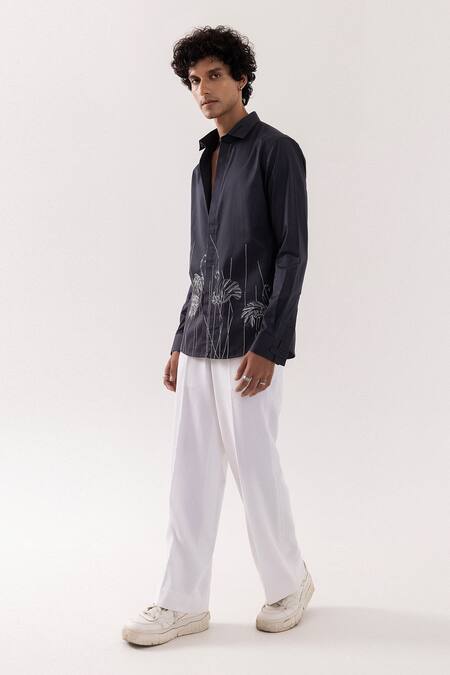 PAARSH_Charcoal Cotton Embroidery Flamingo Grey Shirt _Online_at_Aza_Fashions