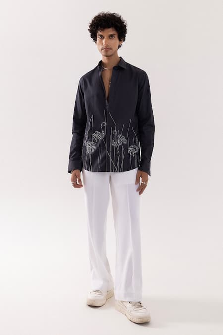 Buy_PAARSH_Charcoal Cotton Embroidery Flamingo Grey Shirt _Online_at_Aza_Fashions