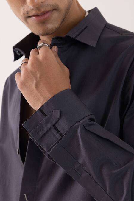 Shop_PAARSH_Charcoal Cotton Embroidery Flamingo Grey Shirt _Online_at_Aza_Fashions