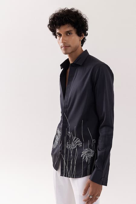 PAARSH_Charcoal Cotton Embroidery Flamingo Grey Shirt _at_Aza_Fashions