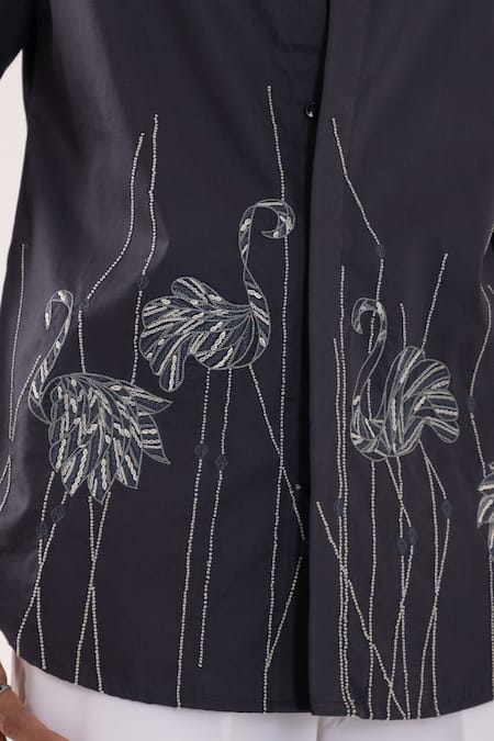 Buy_PAARSH_Charcoal Cotton Embroidery Flamingo Grey Shirt 