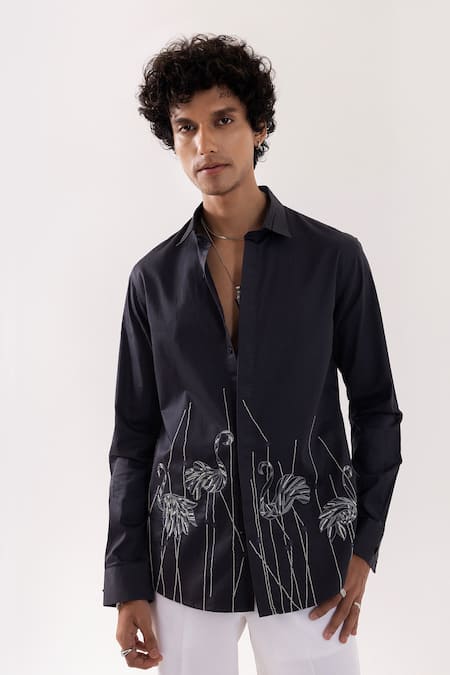 PAARSH Flamingo Embroidered Charcoal Grey Shirt 