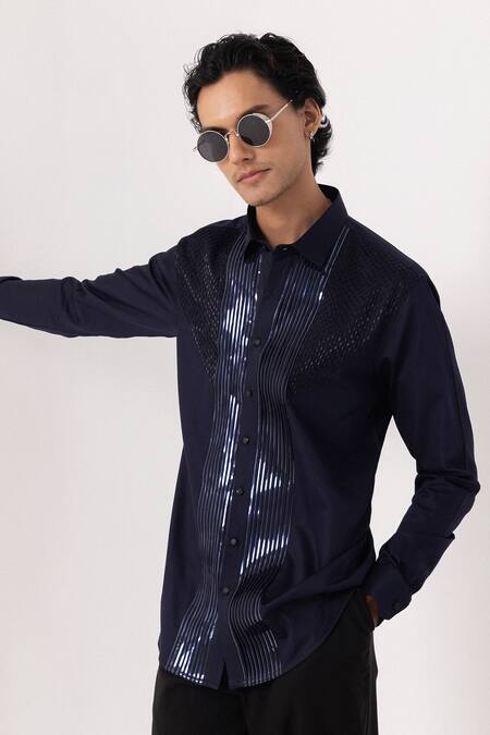 PAARSH_Navy Cotton Designer Shirt _at_Aza_Fashions