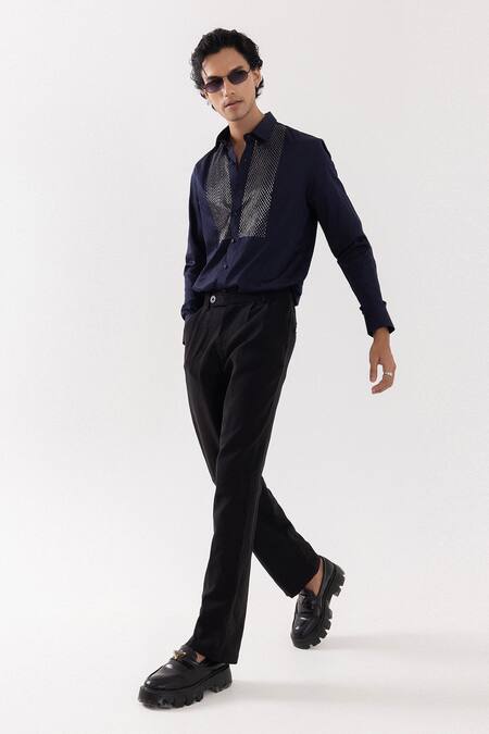 Buy_PAARSH_Navy Cotton Designer Dark Shirt _Online_at_Aza_Fashions