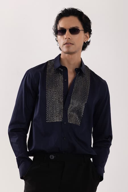 Shop_PAARSH_Navy Cotton Designer Dark Shirt _Online_at_Aza_Fashions