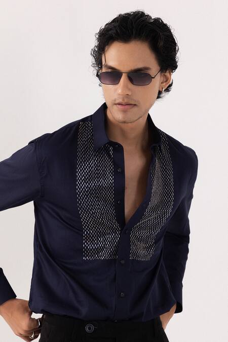 Buy_PAARSH_Navy Cotton Designer Dark Shirt 