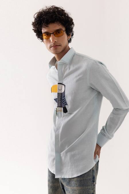 PAARSH_Aqua Linen Embroidery Toucan Print Ice Blue Shirt _Online_at_Aza_Fashions