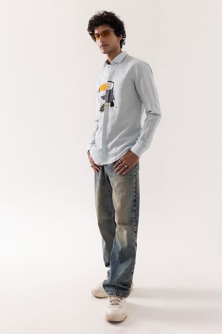 Buy_PAARSH_Aqua Linen Embroidery Toucan Print Ice Blue Shirt _Online_at_Aza_Fashions