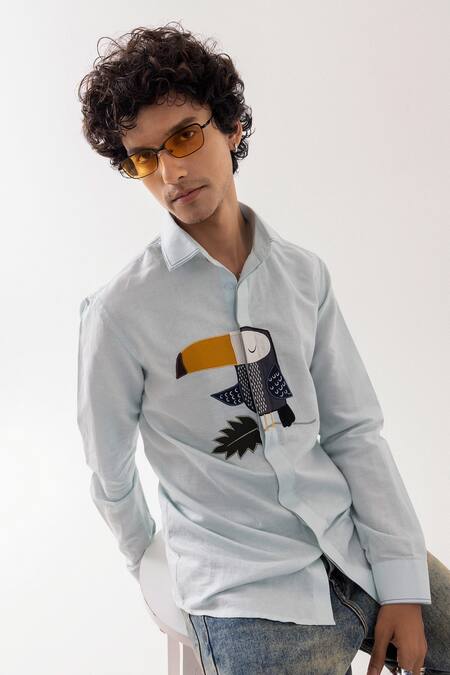 PAARSH_Aqua Linen Embroidery Toucan Print Ice Blue Shirt _at_Aza_Fashions