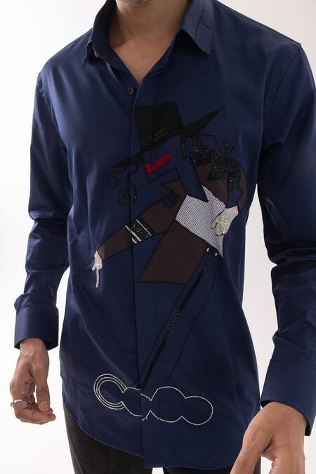 PAARSH_Navy Cotton Designer Print Shirt _Online_at_Aza_Fashions