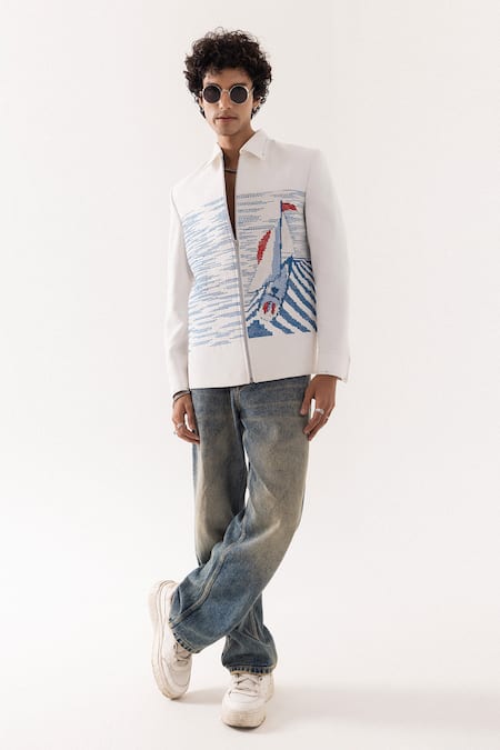 PAARSH_Ivory Denim Embroidery Voyage Thread Jacket _Online_at_Aza_Fashions