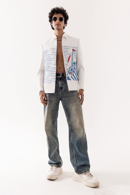 Buy_PAARSH_Ivory Denim Embroidery Voyage Thread Jacket _Online_at_Aza_Fashions