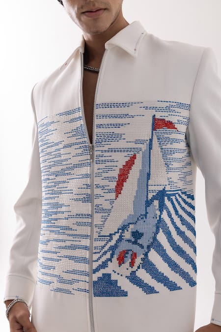 PAARSH_Ivory Denim Embroidery Voyage Thread Jacket _at_Aza_Fashions