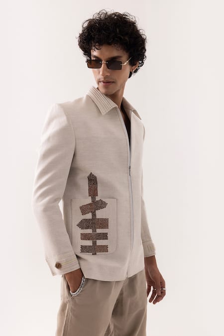 PAARSH_Beige Linen Embroidery Tropical Taana Jacket _Online_at_Aza_Fashions