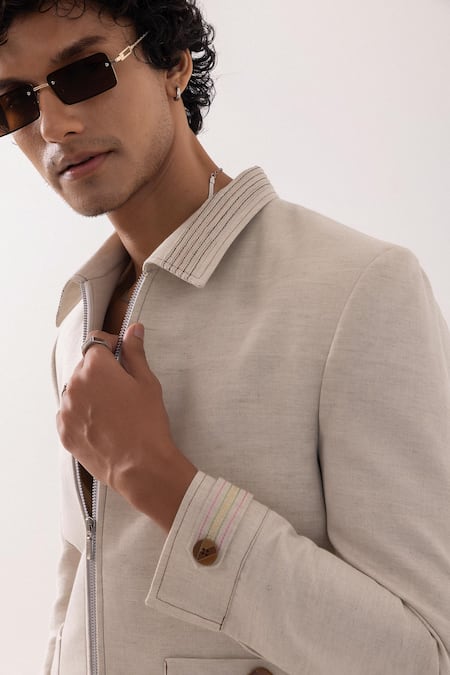 Shop_PAARSH_Beige Linen Embroidery Tropical Taana Jacket _Online_at_Aza_Fashions