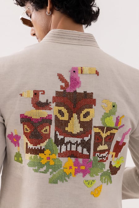 PAARSH_Beige Linen Embroidery Tropical Taana Jacket _at_Aza_Fashions