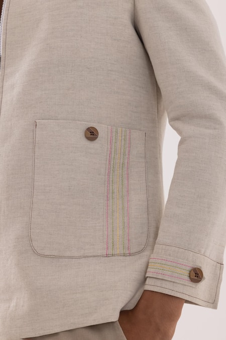 Buy_PAARSH_Beige Linen Embroidery Tropical Taana Jacket 