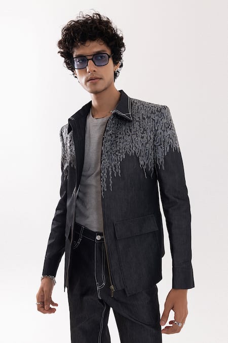 Shop PAARSH Charcoal Denim Embroidery Smoke Canvas Grey Jacket Online at Aza Fashions Shop_PAARSH_Charcoal Denim Embroidery Smoke Canvas Grey Jacket _Online_at_Aza_Fashions