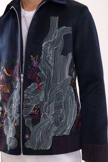 Shop PAARSH Blue Suede Embroidery Midnight Bloom Jacket Online at Aza Fashions Shop_PAARSH_Blue Suede Embroidery Midnight Bloom Jacket _Online_at_Aza_Fashions