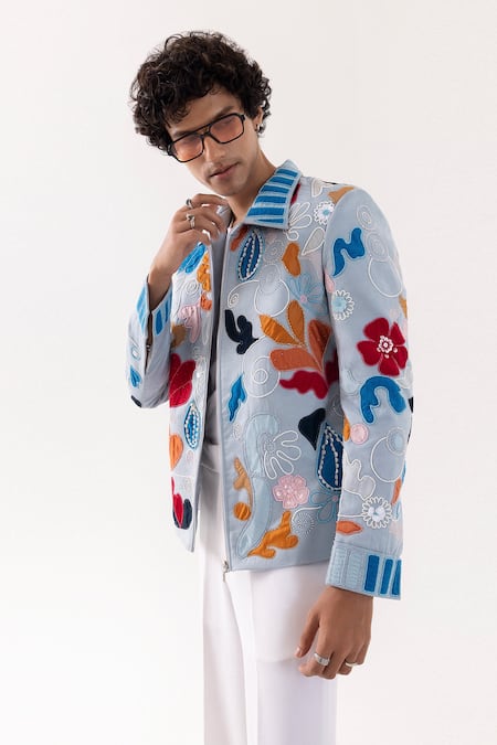 Buy_PAARSH_Blue Suede Embroidery Ice Designer Jacket _Online_at_Aza_Fashions