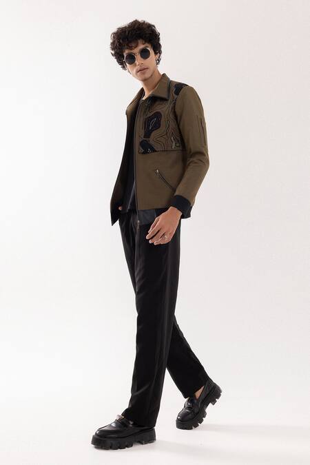 Buy_PAARSH_Olive Green Linen Embroidery Designer Jacket _Online_at_Aza_Fashions