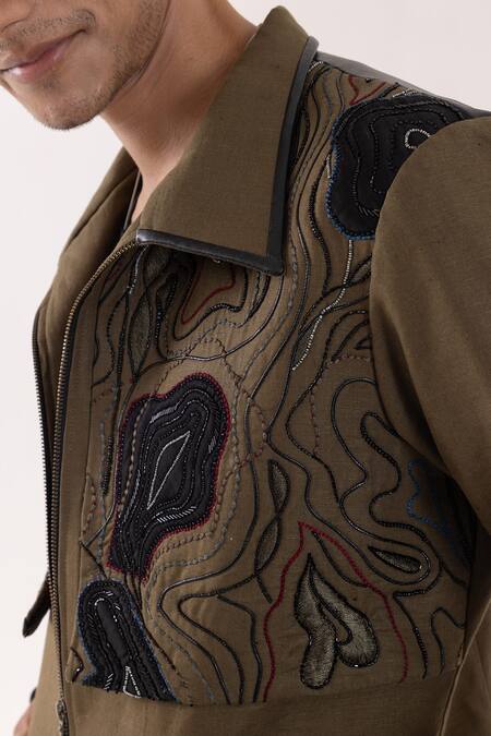 Shop_PAARSH_Olive Green Linen Embroidery Designer Jacket _Online_at_Aza_Fashions