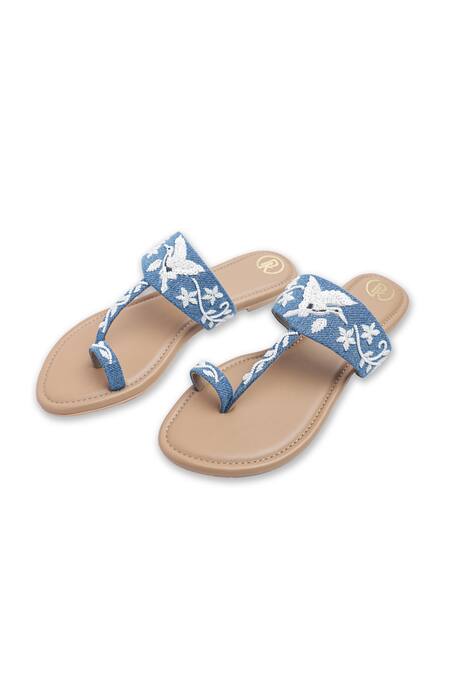 Buy_Preet Kaur_Blue Embroidery Denim Bird Kolhapuri Sandals _Online_at_Aza_Fashions