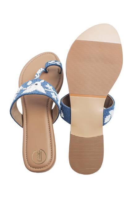 Shop_Preet Kaur_Blue Embroidery Denim Bird Kolhapuri Sandals _Online_at_Aza_Fashions