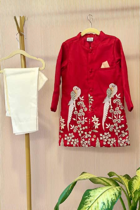 Rage Attire-Sweta Saria Red Organza Embroidery Designer Sherwani And Pant Set 