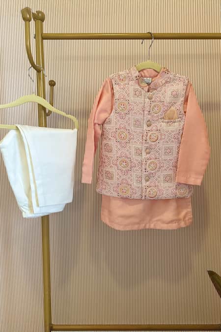 Rage Attire-Sweta Saria Peach Silk Embroidery Blend Nehru Jacket Set 