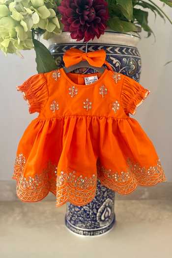 Rage Attire-Sweta Saria Embroidered Orange Dress & Hair Bow Set